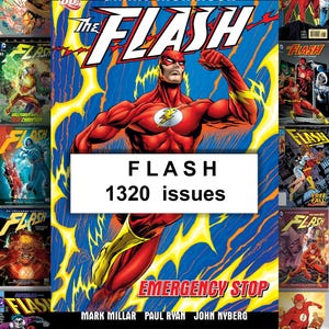 May include: A collection of The Flash comic book covers. The central image features the Flash in a red and yellow costume, with the title "The Flash" in large, bold letters. The text "1320 issues" is also visible.