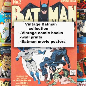 May include: A collage of vintage Batman comic book covers featuring various action scenes and character illustrations. A central orange-toned comic cover displays Batman and Robin in motion with the text: Vintage Batman collection, Vintage comic books, wall prints, Batman movie posters.