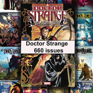 May include: A collection of Doctor Strange comic book covers, showcasing various artistic styles and storylines. The image includes the text "Doctor Strange 660 issues" and the Marvel logo. The covers feature vibrant colors and dynamic illustrations.