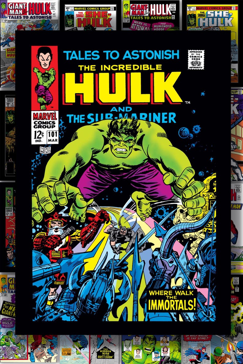 Puede incluir: Portada de c&oacute;mic de "Tales to Astonish" con The Incredible Hulk y The Sub-Mariner. Hulk es verde con pantalones morados, y la portada tiene un fondo negro con varios personajes y texto.