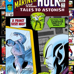 Puede incluir: Portada de c&oacute;mic para "Sub-Mariner and The Incredible Hulk Tales to Astonish" con arte de c&oacute;mic. La portada tiene una combinaci&oacute;n de colores amarillo, azul y verde con el texto "A Prince There Was!" y "Within the Monster Dwells a Man!"