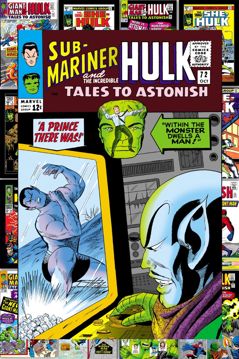 Puede incluir: Portada de c&oacute;mic para "Sub-Mariner and The Incredible Hulk Tales to Astonish" con arte de c&oacute;mic. La portada tiene una combinaci&oacute;n de colores amarillo, azul y verde con el texto "A Prince There Was!" y "Within the Monster Dwells a Man!"