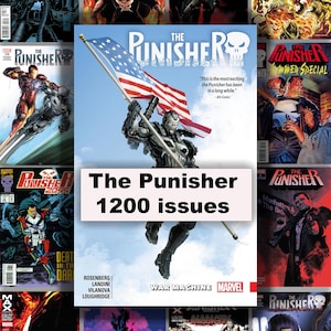 Puede incluir: Una colección de portadas de cómics de The Punisher. Las portadas presentan varias ilustraciones del personaje, con títulos como "Punisher 2099" y "War Machine". La imagen incluye el texto "The Punisher 1200 issues".