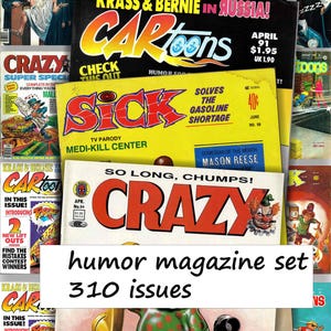 Peut inclure: Ensemble de magazines humoristiques vintage, dont "Crazy", "Sick" et "Cartoons". Les magazines présentent des couvertures colorées avec du texte et des illustrations en gras. L'ensemble comprend 310 numéros.