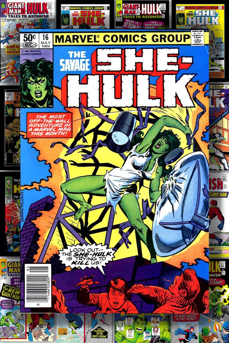 Puede incluir: Portada de c&oacute;mic de "The Savage She-Hulk" de Marvel Comics Group. La portada presenta a She-Hulk verde en acci&oacute;n, con un escudo y un objeto cil&iacute;ndrico. El t&iacute;tulo est&aacute; en letras grandes rojas y blancas. Cubiertas circundantes visibles.