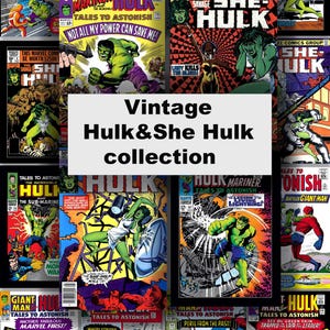 Puede incluir: Una colecci&oacute;n de c&oacute;mics vintage de Hulk y She-Hulk. Las portadas presentan colores vibrantes e ilustraciones llenas de acci&oacute;n de Hulk, She-Hulk y otros personajes. El texto "Vintage Hulk & She Hulk collection" se muestra en el centro.