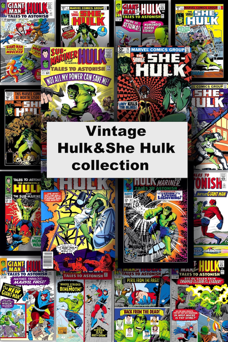 Puede incluir: Una colecci&oacute;n de c&oacute;mics vintage de Hulk y She-Hulk. Las portadas presentan colores vibrantes e ilustraciones llenas de acci&oacute;n de Hulk, She-Hulk y otros personajes. El texto "Vintage Hulk & She Hulk collection" se muestra en el centro.