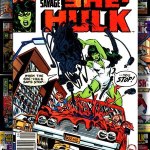 Puede incluir: Portada de c&oacute;mic de "The Savage She-Hulk" #20 de Marvel Comics. La portada presenta a She-Hulk verde destruyendo un coche rojo, con el texto "--YOU STOP!" y "When the She-Hulk says stop--".