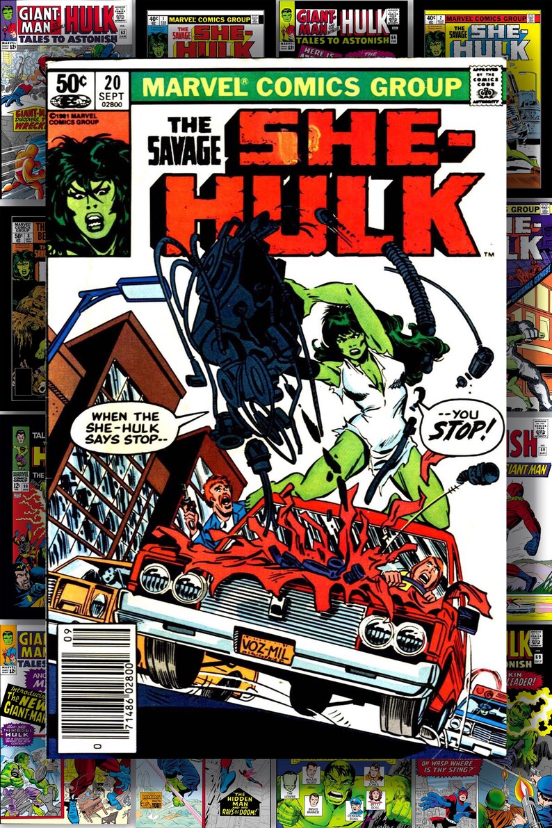 Puede incluir: Portada de c&oacute;mic de "The Savage She-Hulk" #20 de Marvel Comics. La portada presenta a She-Hulk verde destruyendo un coche rojo, con el texto "--YOU STOP!" y "When the She-Hulk says stop--".