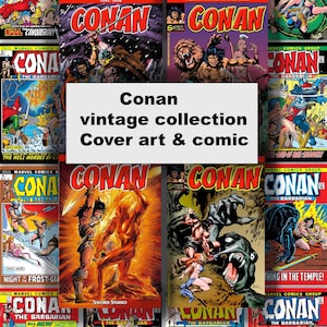 May include: A collection of vintage Conan the Barbarian comic books. The covers feature action-packed illustrations of the barbarian in various heroic poses, with vibrant colors and dynamic artwork. Text on the covers includes the title "Conan the Barbarian".