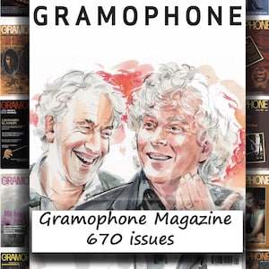 May include: Image of Gramophone Magazine with 670 issues. The cover features a watercolor illustration of two men smiling. Surrounding the central image are various magazine covers with text and images related to music and classical artists.