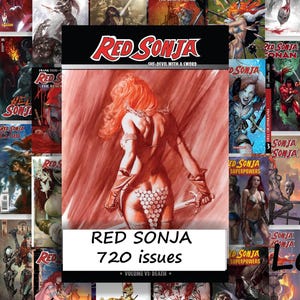 May include: A collage of Red Sonja comic book covers. The central image features a red-toned illustration of Red Sonja, with the text "RED SONJA" and "720 issues". The covers showcase various action poses and artwork.