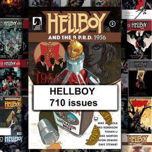 Puede incluir: Una colección de cómics de Hellboy, con varias portadas con ilustraciones del personaje y temas relacionados. La imagen incluye el texto "Hellboy 710 issues" y los nombres de los autores.