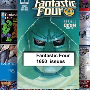 Op de afbeelding: Een verzameling Fantastic Four-strips. De centrale afbeelding is een cover met Doctor Doom. De tekst op de cover luidt "Herald of Doom Part One". Een banner vermeldt "Fantastic Four 1650 issues."