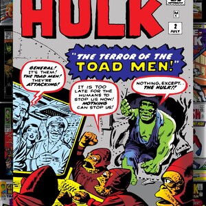 Puede incluir: Portada de c&oacute;mic vintage de "The Incredible Hulk" #2, con Hulk de piel verde y el texto "The Terror of the Toad Men!" con ilustraciones coloridas. La portada incluye el logotipo de Marvel Comics Group y el sello Comics Code Authority.