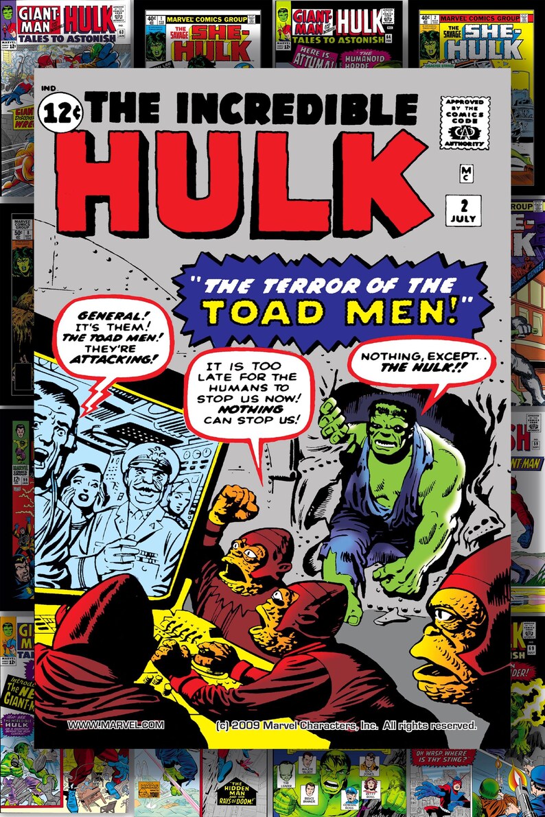 Puede incluir: Portada de c&oacute;mic vintage de "The Incredible Hulk" #2, con Hulk de piel verde y el texto "The Terror of the Toad Men!" con ilustraciones coloridas. La portada incluye el logotipo de Marvel Comics Group y el sello Comics Code Authority.