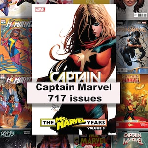 Op de afbeelding: Een verzameling van Captain Marvel en Ms. Marvel stripboekcovers. De afbeelding toont verschillende stripboekcovers met levendige illustraties van de personages. Tekst bevat "Captain Marvel", "Ms. Marvel" en "717 issues."