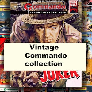 May include: A selection of vintage "Commando" comic books, featuring war stories. The covers showcase illustrations of military themes, including soldiers and aircraft. The text "Vintage Commando collection" is displayed on a white background.