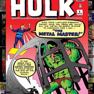 Puede incluir: Portada de c&oacute;mic de "The Incredible Hulk" con Hulk verde en una jaula de metal. La portada es roja con texto blanco, incluyendo "The Metal Master!" y "A Full-Length Epic Super-Thriller!"