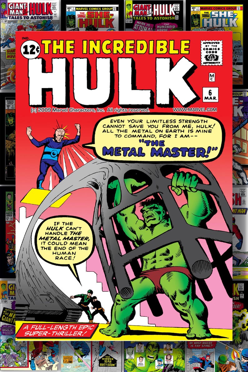 Puede incluir: Portada de c&oacute;mic de "The Incredible Hulk" con Hulk verde en una jaula de metal. La portada es roja con texto blanco, incluyendo "The Metal Master!" y "A Full-Length Epic Super-Thriller!"