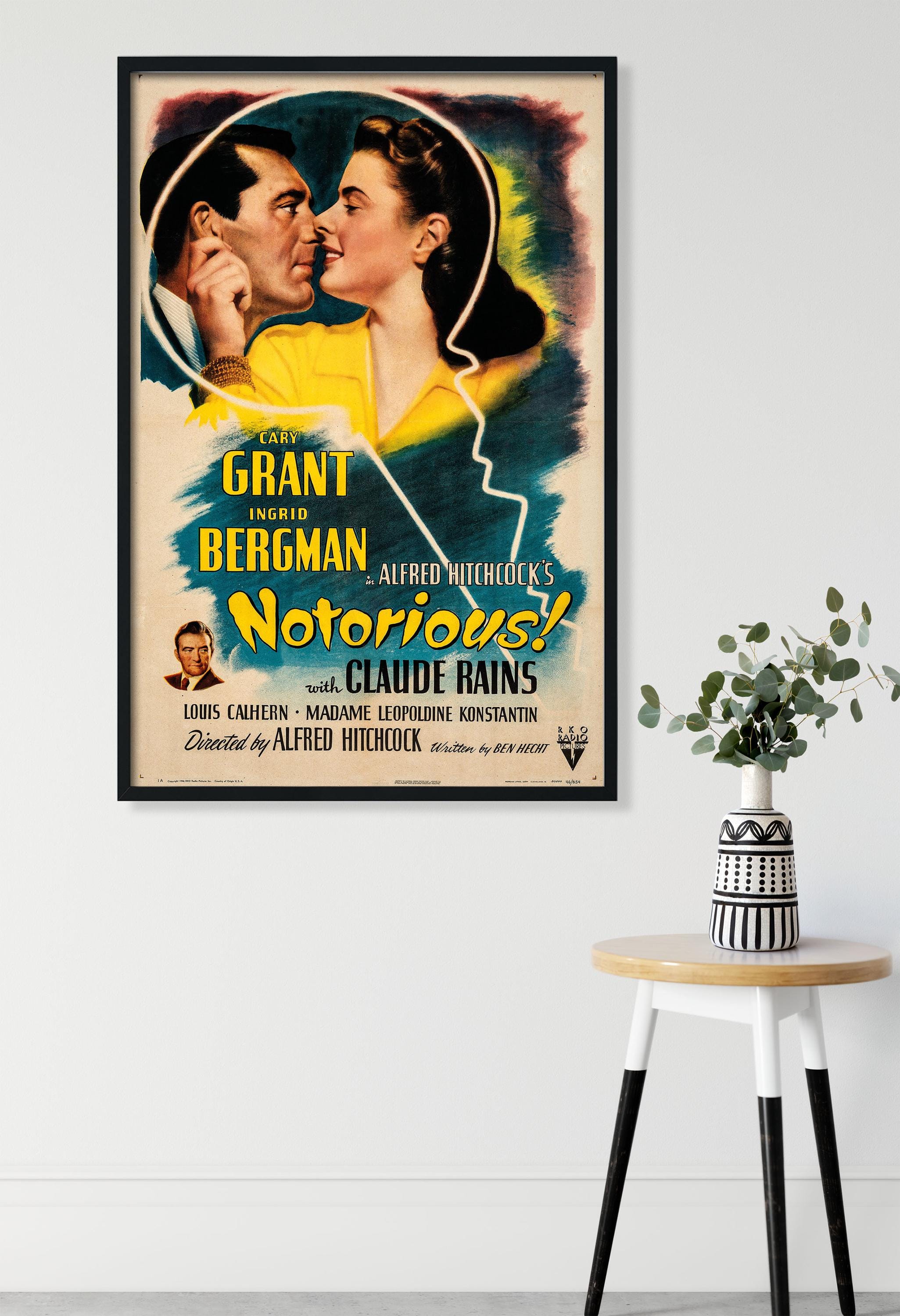 Notoriou: Hitchcock,Cary Grant Ingrid Bergman vintage movie poster digital  downloadable classic cinema art digital, image size:2051x3000