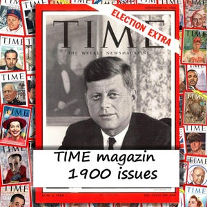 Puede incluir: Una colección de portadas de revistas TIME vintage, con una portada central con John F. Kennedy. La imagen incluye el texto "ELECTION EXTRA" y "TIME magazin 1900 issues". Las portadas están enmarcadas en rojo.
