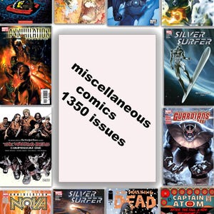 May include: A collection of comic books featuring various titles like "Captain Atom," "Silver Surfer," and "The Walking Dead." The image includes covers with vibrant colors and dynamic illustrations, with the text "miscellaneous comics 1350 issues."