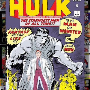 Puede incluir: Portada de c&oacute;mic de "The Incredible Hulk" con una gran figura gris de Hulk y un hombre con bata de laboratorio. El texto en amarillo y rojo domina la portada, con la pregunta "&iquest;Es hombre o monstruo?" Arte de c&oacute;mic.
