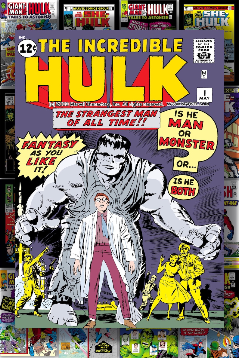 Puede incluir: Portada de c&oacute;mic de "The Incredible Hulk" con una gran figura gris de Hulk y un hombre con bata de laboratorio. El texto en amarillo y rojo domina la portada, con la pregunta "&iquest;Es hombre o monstruo?" Arte de c&oacute;mic.