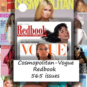 Könnte beinhalten: Eine Collage von Zeitschriften-Covern, darunter Cosmopolitan, Vogue und Redbook. Das Bild zeigt verschiedene Cover mit Prominenten-Gesichtern und Zeitschriftentiteln. Der Text auf dem Bild lautet "Cosmopolitan-Vogue Redbook 565 issues."