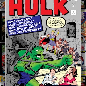 Puede incluir: Portada de c&oacute;mic de The Incredible Hulk. Hulk, un superh&eacute;roe de piel verde, rompe una pared. Hay otros personajes presentes, incluido un hombre con un atuendo p&uacute;rpura y una mujer con un vestido rojo. La portada tiene texto y la fecha 5 de enero.