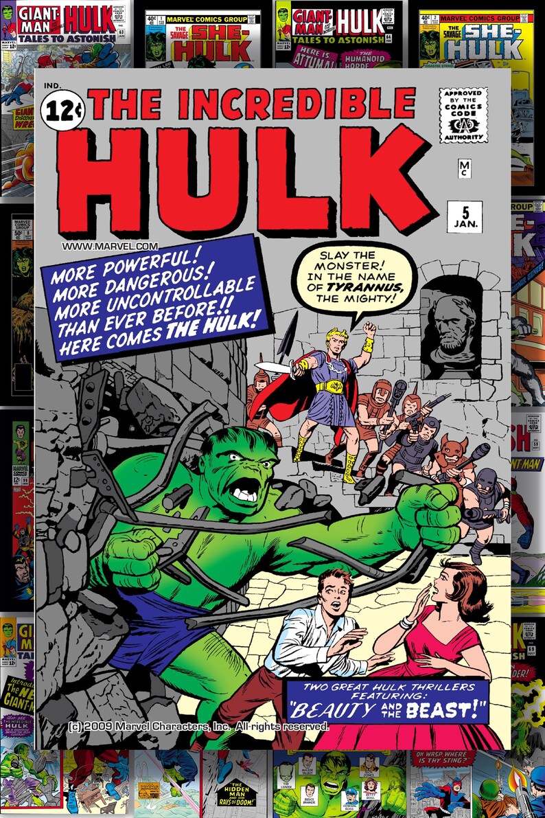 Puede incluir: Portada de c&oacute;mic de The Incredible Hulk. Hulk, un superh&eacute;roe de piel verde, rompe una pared. Hay otros personajes presentes, incluido un hombre con un atuendo p&uacute;rpura y una mujer con un vestido rojo. La portada tiene texto y la fecha 5 de enero.
