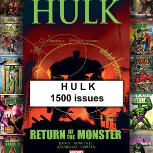 May include: A collection of Hulk comic books. The central image features a silhouette of the Hulk against a red and orange background, with the text "Hulk 1500 issues" and "Return of the Monster". Surrounding comics showcase various Hulk covers.