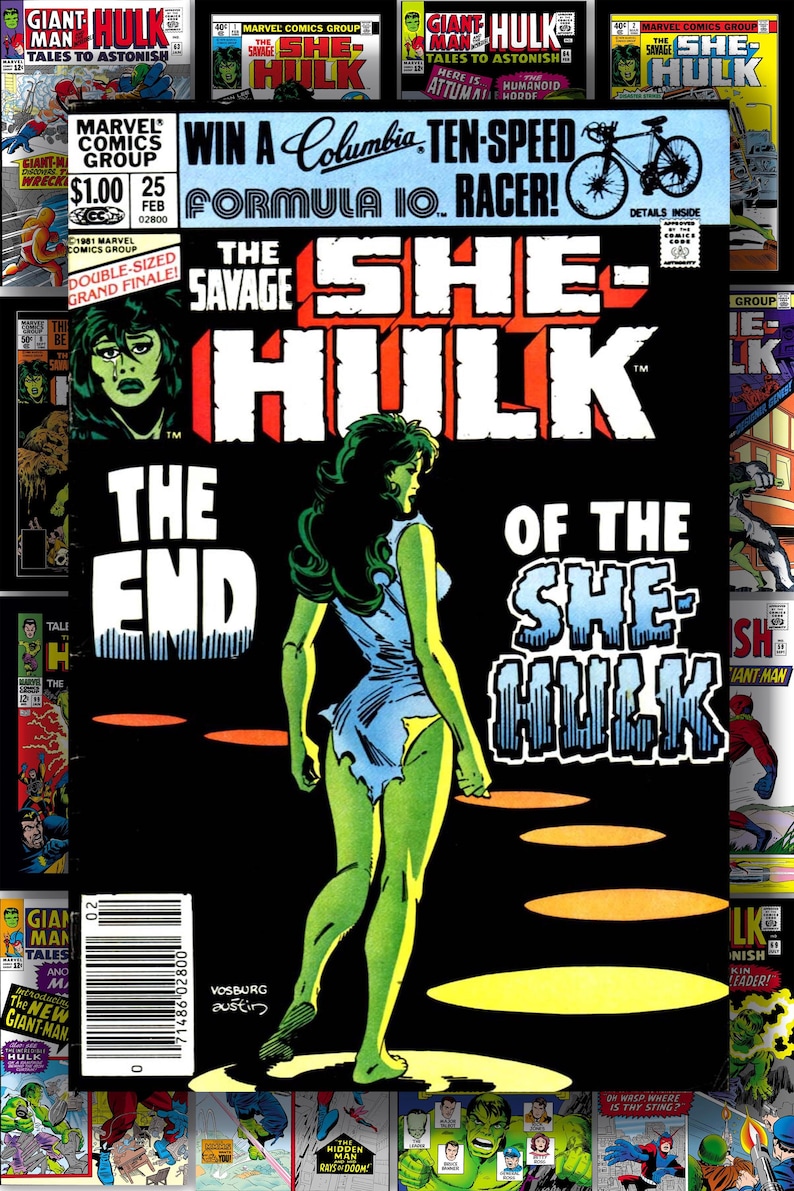 Puede incluir: Portada de c&oacute;mic de "The Savage She-Hulk" con una mujer de piel verde con un vestido azul rasgado. El t&iacute;tulo est&aacute; en letras blancas en negrita. Otras portadas de c&oacute;mics rodean la imagen principal. La portada incluye el texto "The End".