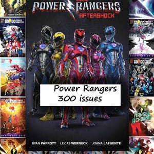 May include: A collection of Power Rangers comic books, featuring the title "Power Rangers Aftershock" with the text "Power Rangers 300 issues." The image showcases several costumed characters and various comic book covers.