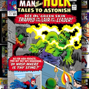 Puede incluir: Portada de c&oacute;mic de Giant-Man y el Incre&iacute;ble Hulk, Tales to Astonish n.&ordm; 69. Hulk es verde y musculoso, con energ&iacute;a amarilla a su alrededor. Otras portadas de c&oacute;mics rodean la imagen principal.