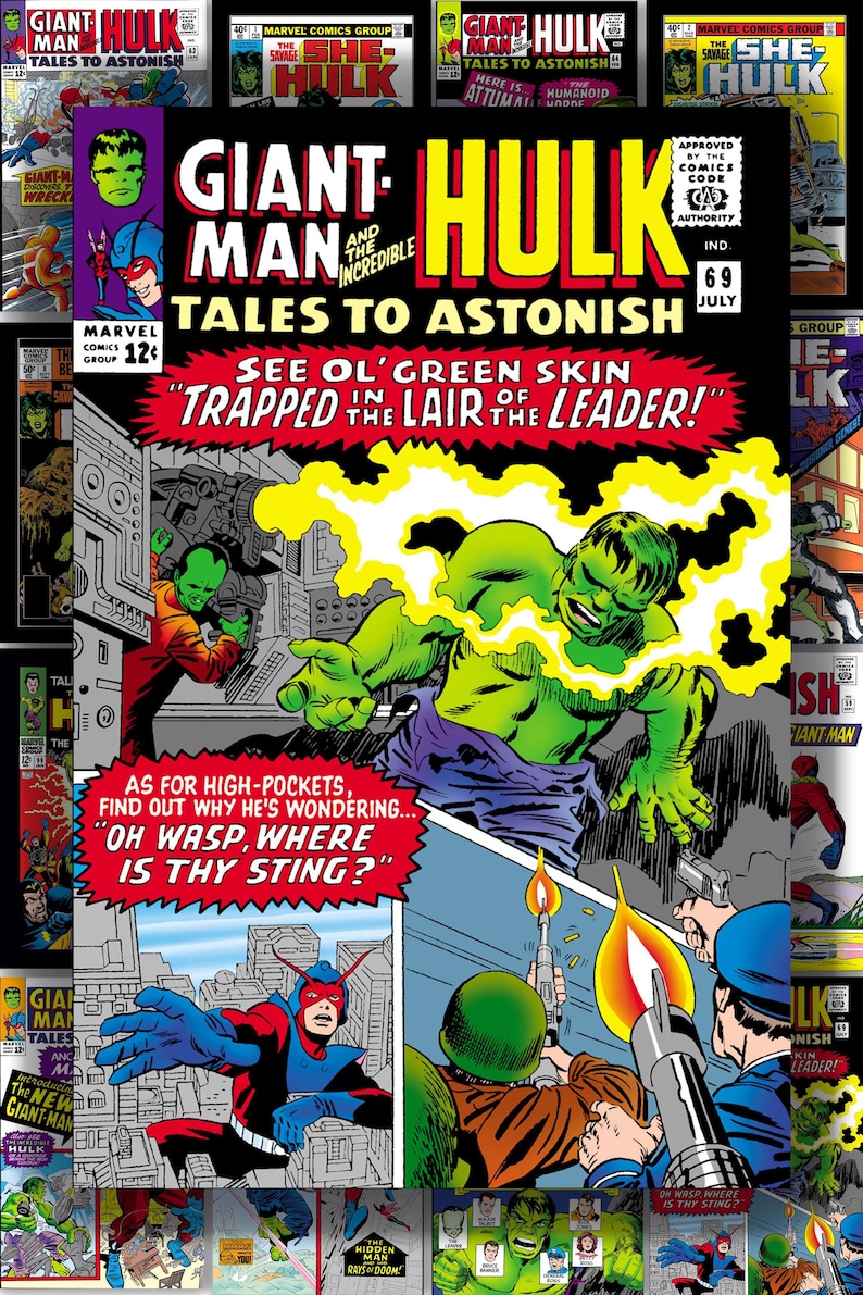 Puede incluir: Portada de c&oacute;mic de Giant-Man y el Incre&iacute;ble Hulk, Tales to Astonish n.&ordm; 69. Hulk es verde y musculoso, con energ&iacute;a amarilla a su alrededor. Otras portadas de c&oacute;mics rodean la imagen principal.