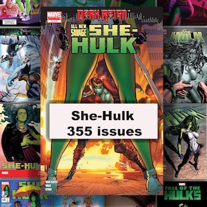 May include: A collection of She-Hulk comic book covers. The image features various covers with She-Hulk in different poses and settings. The text "She-Hulk 355 issues" is displayed prominently. The covers showcase vibrant colors and dynamic artwork.