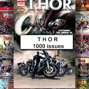 May include: A collection of Thor comic book covers, featuring the Marvel logo and Harley-Davidson branding. The central image displays Thor with the text "THOR 1000 issues". Various comic book covers surround the central image.