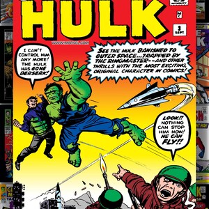 Puede incluir: Portada de c&oacute;mic de The Incredible Hulk #3. Hulk, un superh&eacute;roe de piel verde, se muestra en acci&oacute;n, con bocadillos de texto y otros personajes. La portada es predominantemente roja y amarilla.