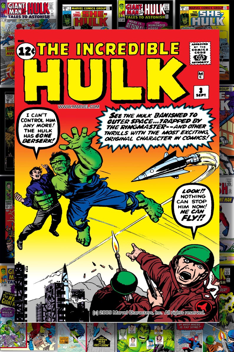 Puede incluir: Portada de c&oacute;mic de The Incredible Hulk #3. Hulk, un superh&eacute;roe de piel verde, se muestra en acci&oacute;n, con bocadillos de texto y otros personajes. La portada es predominantemente roja y amarilla.