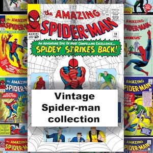 May include: A collection of vintage Spider-Man comic book covers featuring various action scenes with the character in a red and blue suit. The central image displays The Amazing Spider-Man issue 19 with the text Spidey Strikes Back.