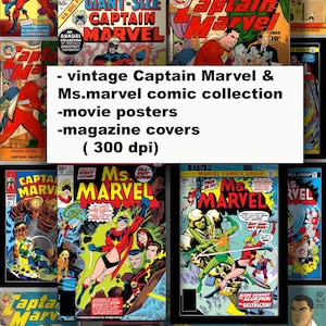 May include: A selection of vintage Captain Marvel and Ms. Marvel comic books and magazine covers. The covers display colourful illustrations of superheroes in action, with striking colours and dynamic layouts. Text indicates the comic series and issue numbers.
