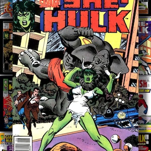 Puede incluir: Una portada de c&oacute;mic vintage de She-Hulk con She-Hulk, un personaje de piel verde, luchando contra una criatura gris con forma de elefante. La portada incluye el texto "MAKE WAY FOR...THE MAN ELEPHANT!" y el logo de Marvel Comics Group.