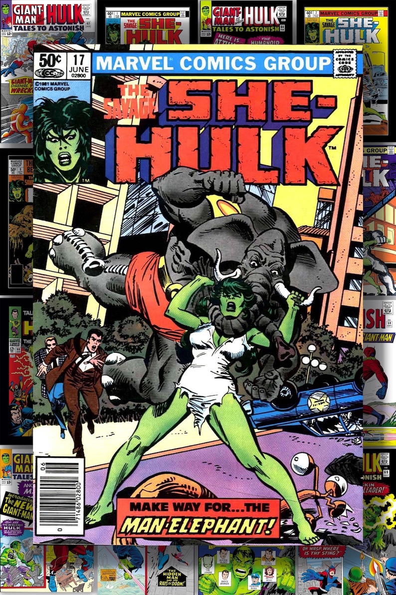 Puede incluir: Una portada de c&oacute;mic vintage de She-Hulk con She-Hulk, un personaje de piel verde, luchando contra una criatura gris con forma de elefante. La portada incluye el texto "MAKE WAY FOR...THE MAN ELEPHANT!" y el logo de Marvel Comics Group.
