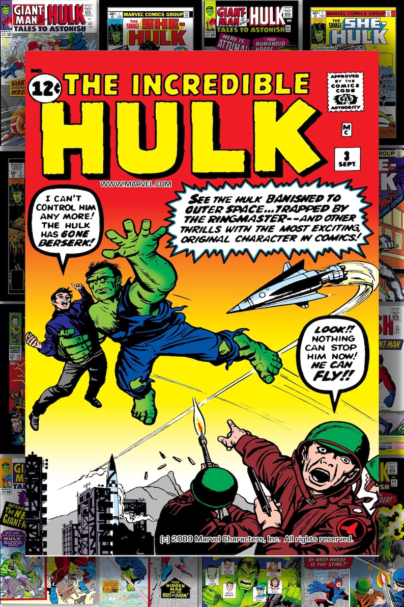 Puede incluir: Portada del c&oacute;mic "The Incredible Hulk" #3, con Hulk de piel verde en acci&oacute;n. La portada tiene un fondo rojo con texto amarillo e ilustraciones de Hulk, un cohete y soldados.