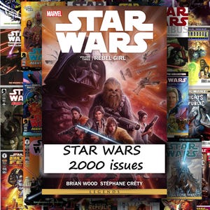 May include: A collection of Star Wars comic books, featuring various covers with characters like Darth Vader, Chewbacca, and Boba Fett. The image includes the text "STAR WARS 2000 issues."