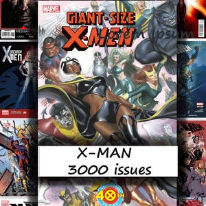 Puede incluir: Un collage de portadas de cómics de X-Men. La imagen central es una portada de Giant-Size X-Men con múltiples personajes. El texto incluye "X-MAN 3000 issues" y "40th Anniversary Edition". Otras portadas presentan varios personajes de X-Men.
