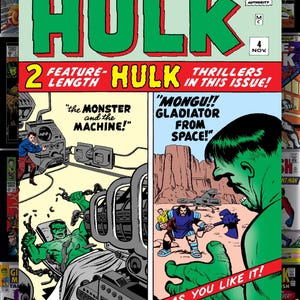 Puede incluir: Portada del c&oacute;mic "The Incredible Hulk" n&uacute;mero 4. La portada presenta un gran t&iacute;tulo verde "HULK" con el texto "&iexcl;2 Thrillers de larga duraci&oacute;n en este n&uacute;mero!" y paneles de c&oacute;mic. Hulk se muestra en varias escenas.