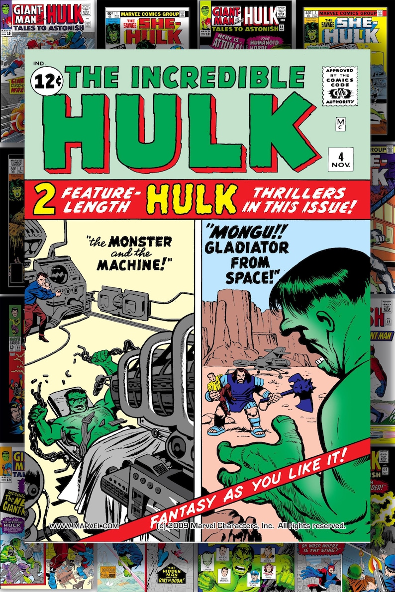 Puede incluir: Portada del c&oacute;mic "The Incredible Hulk" n&uacute;mero 4. La portada presenta un gran t&iacute;tulo verde "HULK" con el texto "&iexcl;2 Thrillers de larga duraci&oacute;n en este n&uacute;mero!" y paneles de c&oacute;mic. Hulk se muestra en varias escenas.